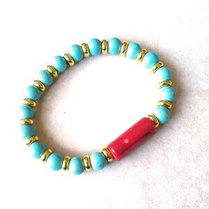 Red Coral + Turquoise Howlite + Golden Brass Spacers Bracelet ~ Summer Ready!